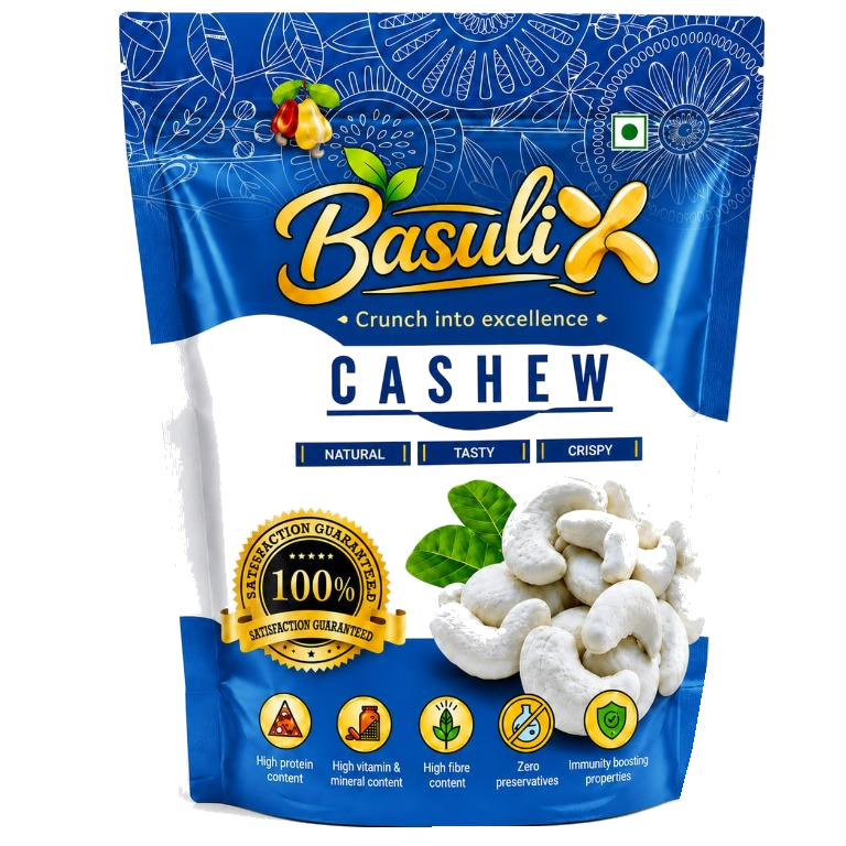 Basuli cashews in a blue pouch