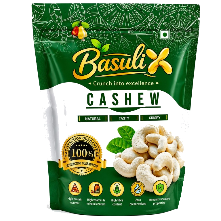 Basuli cashews in a green pouch