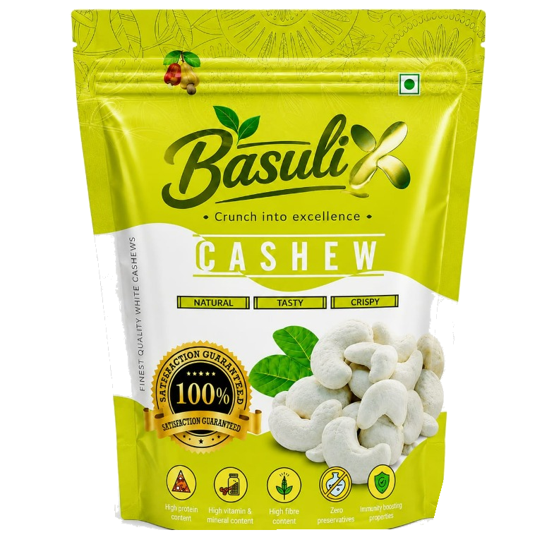 Basuli cashews in a lime-green pouch