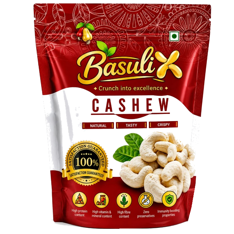 Basuli cashews in a red pouch